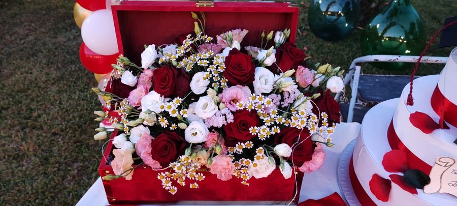 Baule in velluto rosso colmo di rose rosse, lisianthus bianchi e rosa e margheritine, allestito accanto alla torta di laurea con palloncini e tocco