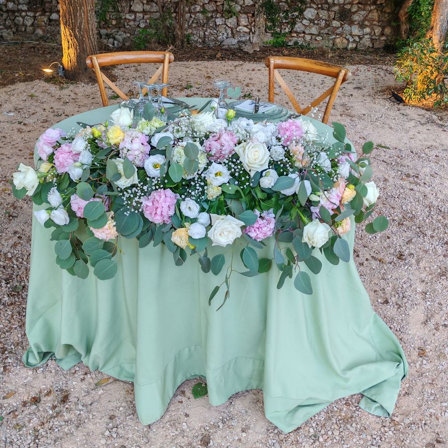 Tavolo degli sposi con tovaglia verde salvia e lunga composizione di ortensie rosa, rose bianche ed eucalipto ricadente